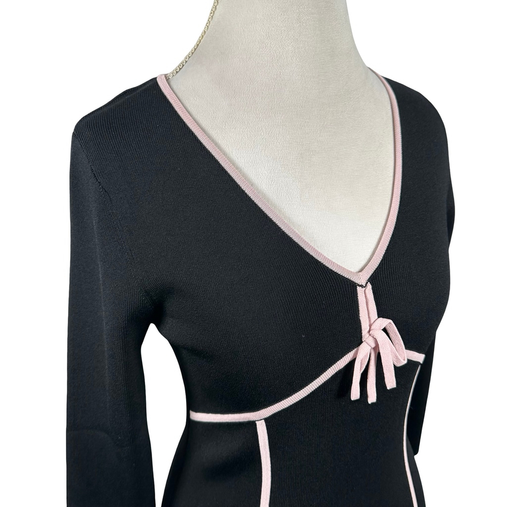 BCBGMaxazria Black Sheath Bodycon Dress Pink Bow V-Neck Empire Waist size M Y2K - Picture 7 of 11